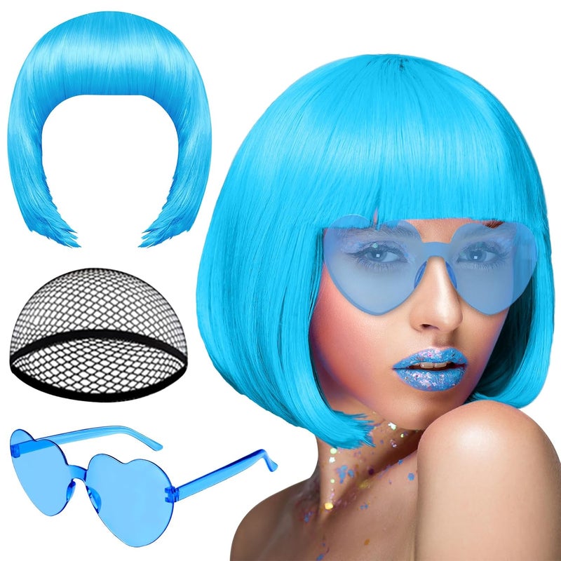PLULON Sky Blue Bob Wig and Sunglass Set, Neon Short Bob Wig Sunglass Pack Costume Colorful Cosplay Wig Hairpieces for Bachelorette Neon Party Favors, Halloween Decorations - Image 1